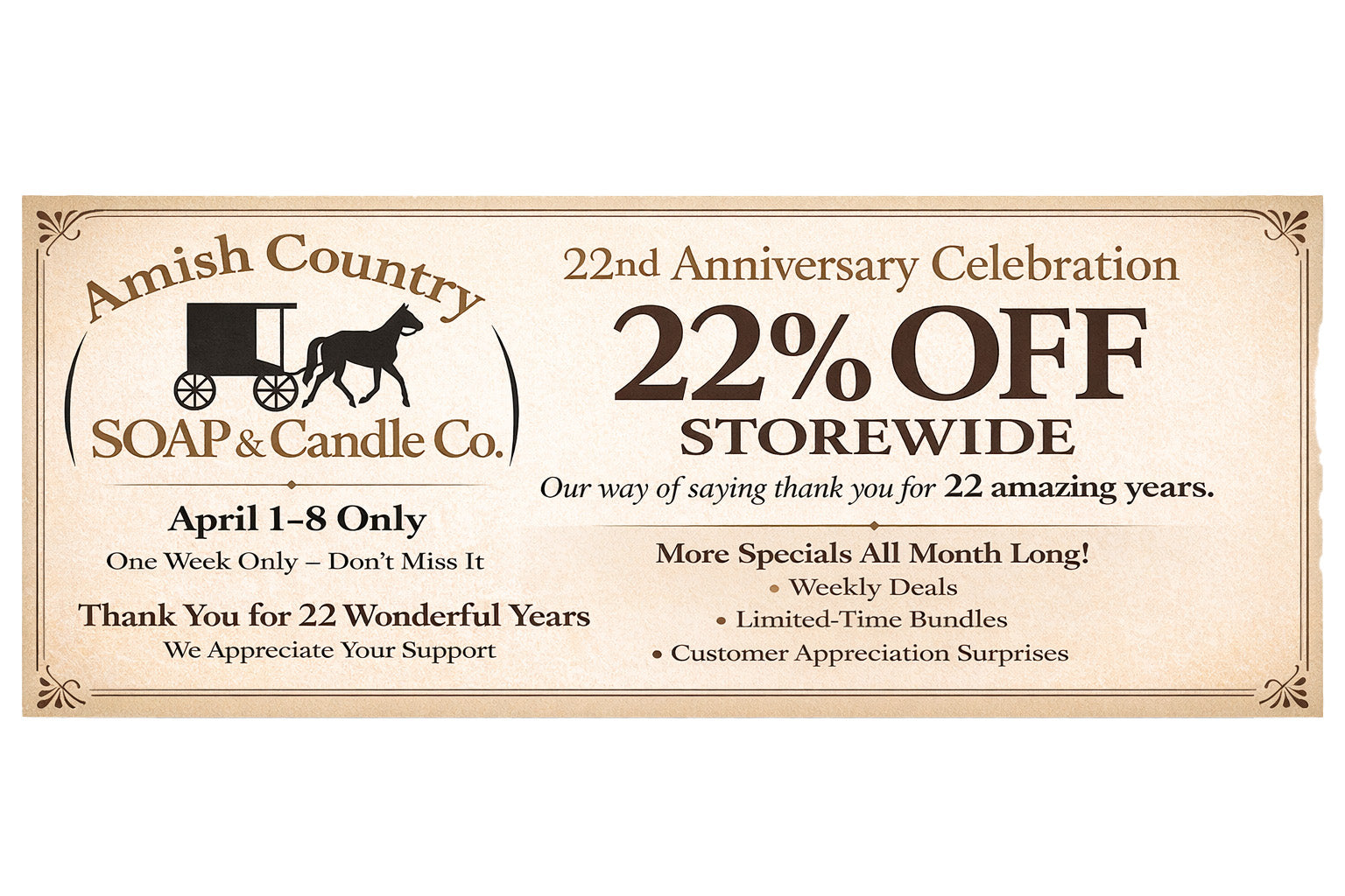 Looking For Natural Skincare? 22 Years at Amish Country Soap & Candle Company "Anniversary Sale Time"