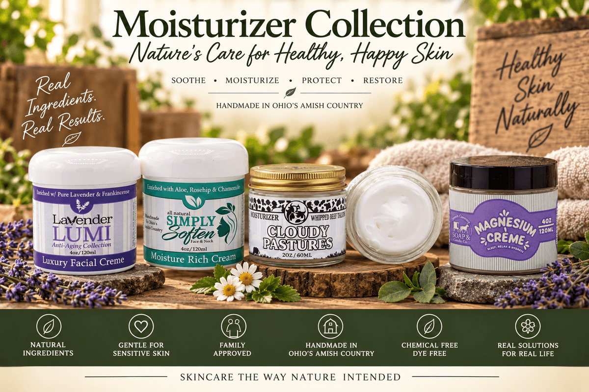 Lavender Lumi Moisturizer, Simply Soften Moisturizer, Cloudy Pastures Beef Tallow Moisturizer all from Amish Country Soap Company