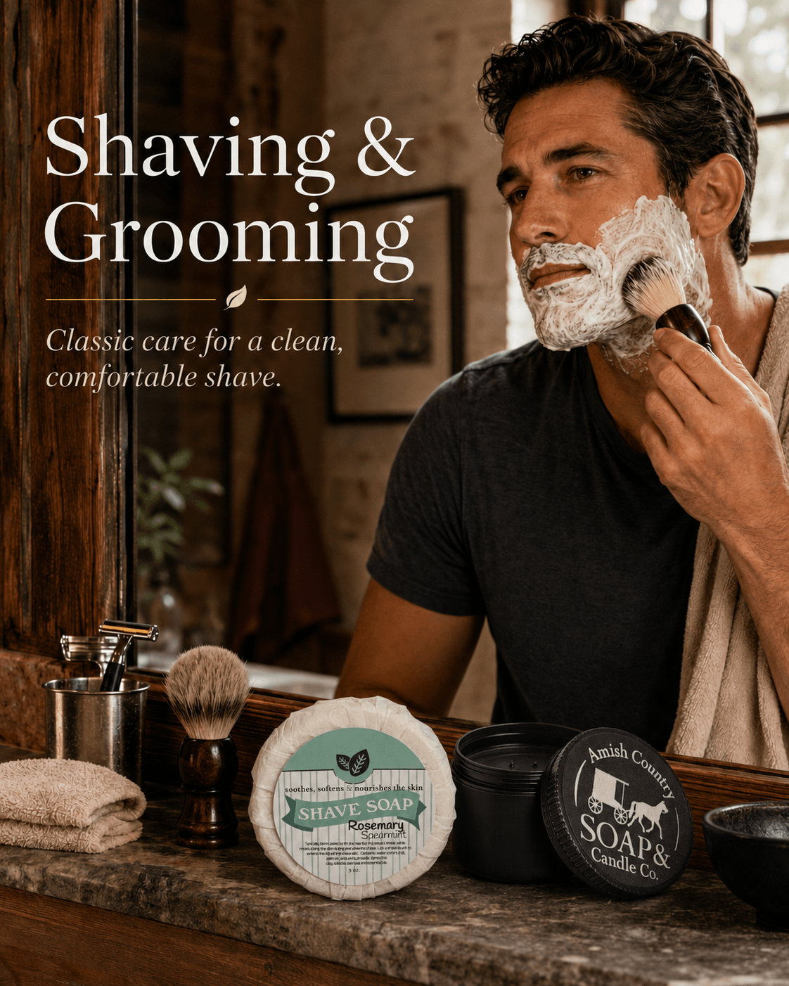 Rosemary Spearmint shaving soap, shaving travel cup with lid. find all the wonderful shaving soaps at Amish Country Soap Company