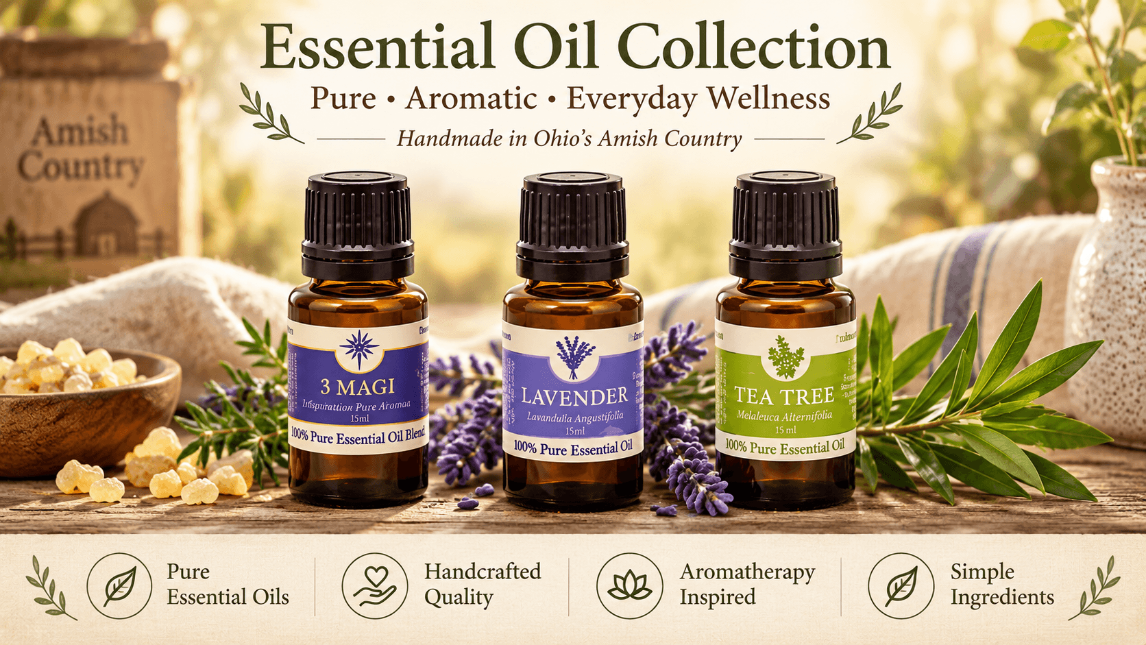 3 Magi essential oil, Lavender essential oil and tea tree essential oil from Amish Country Soap Company