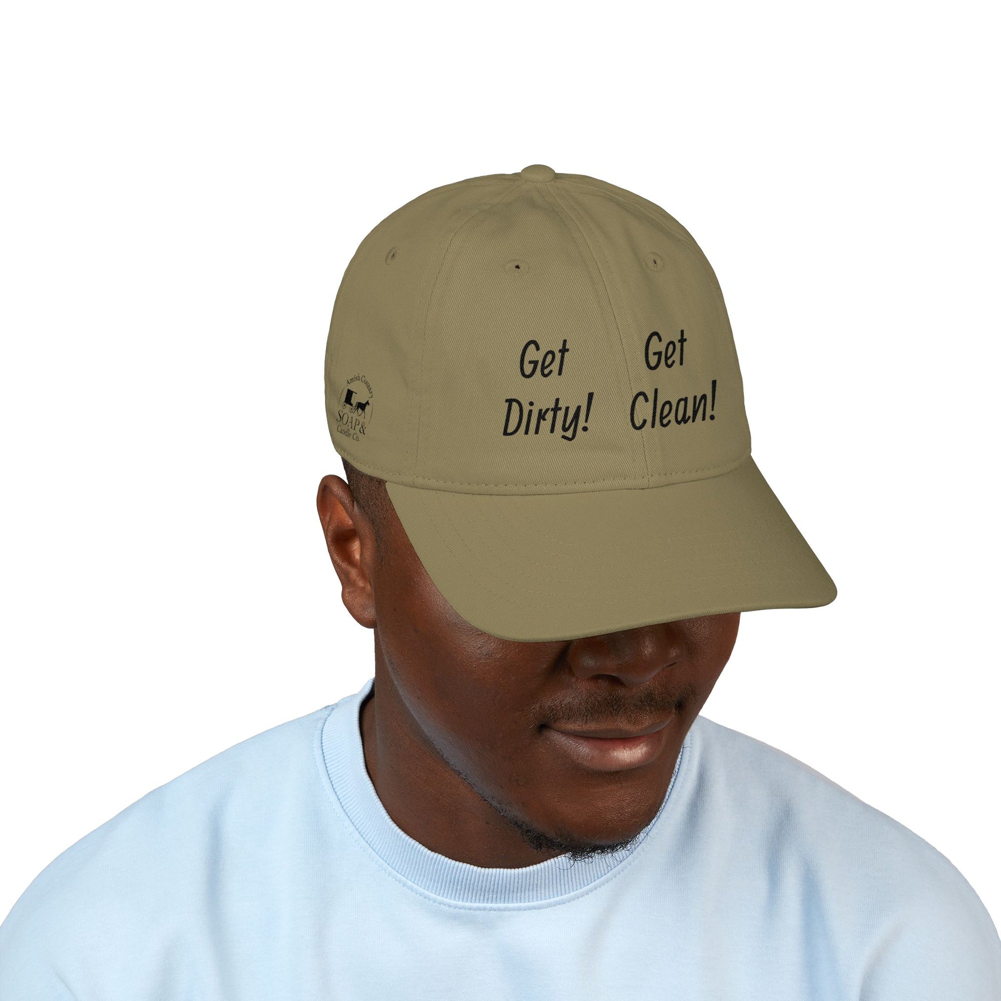 Embroidered Organic Baseball Cap - "Get Dirty! Get Clean!" Logo