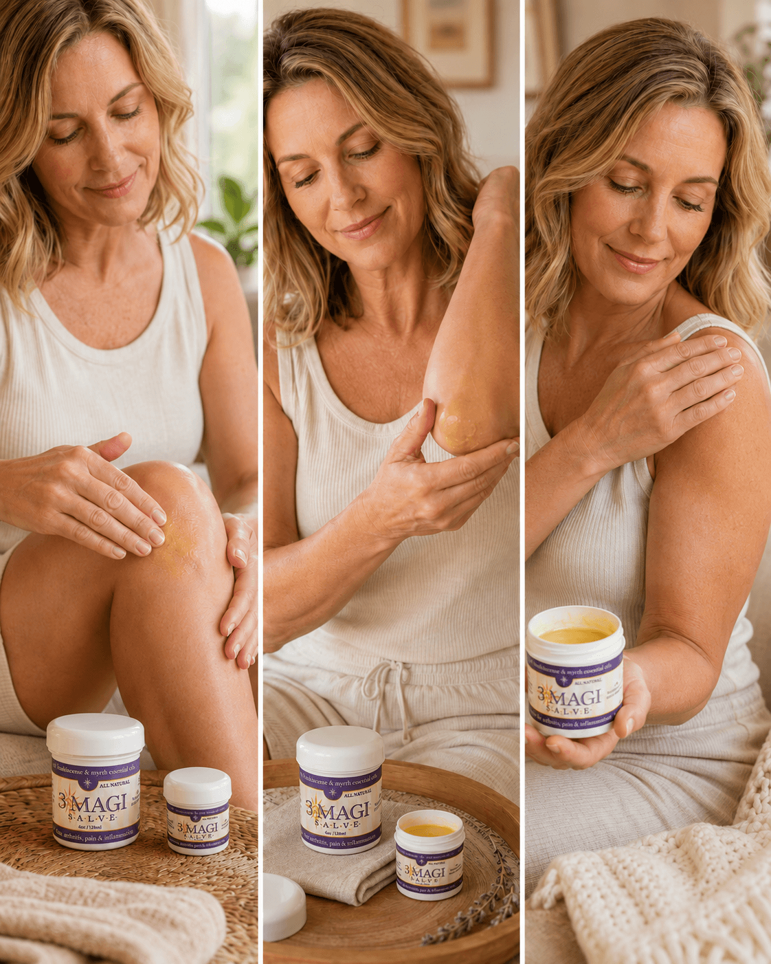 Woman applying 3 Magi Salve to her knee, elbow, and shoulder, with 2 oz and 4 oz jars of frankincense, myrrh, and cinnamon botanical salve displayed in a warm home setting.