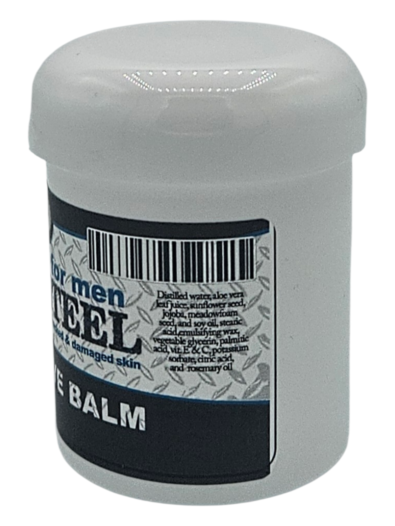 Jar of balm with a label on a white background