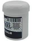 Jar of balm with a label on a white background