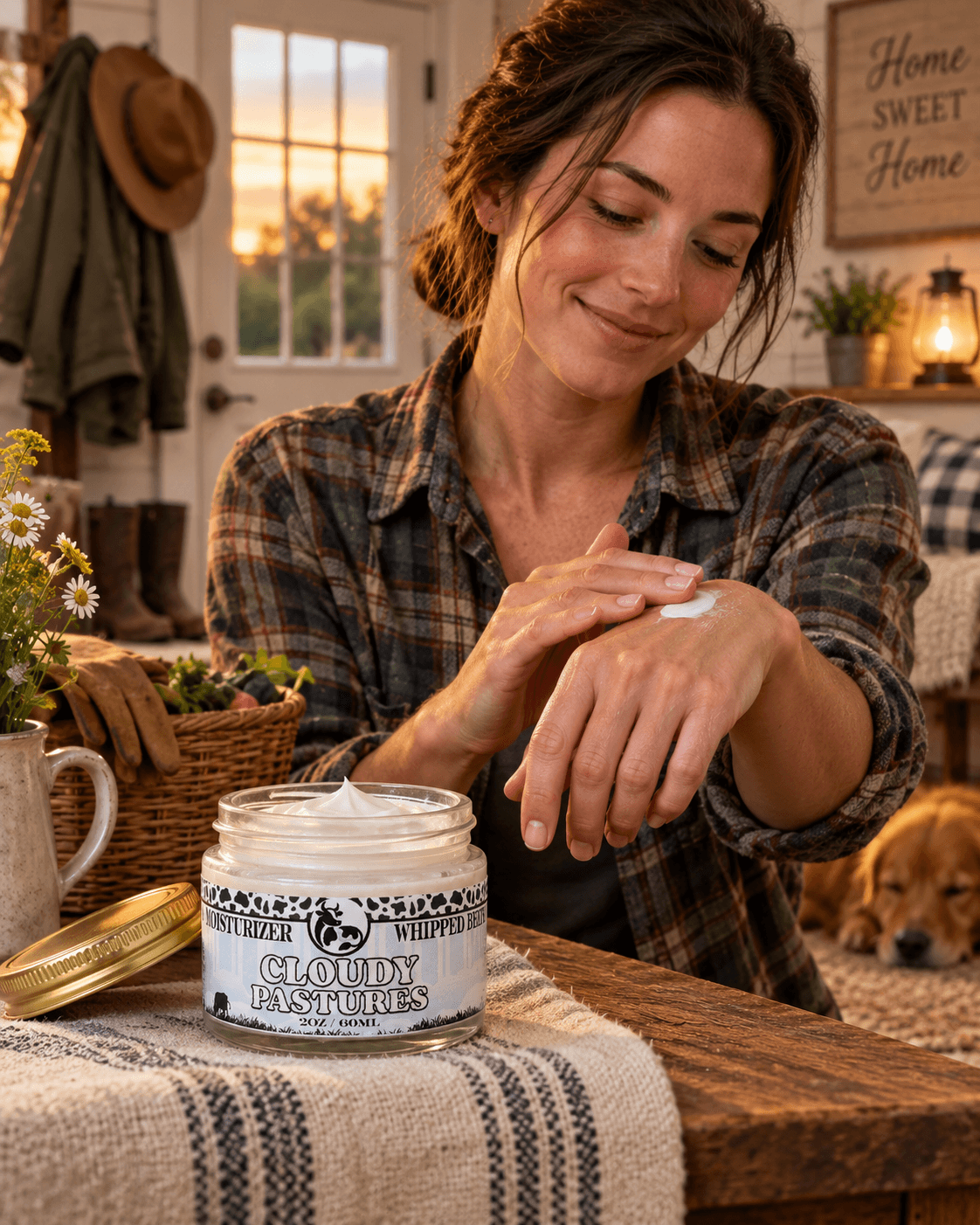 A woman in a plaid shirt applies cream from a jar labeled 'Whipped Cloudy Pastures Beef Tallow ' on her hand.  Made by Amish Country Soap Company
