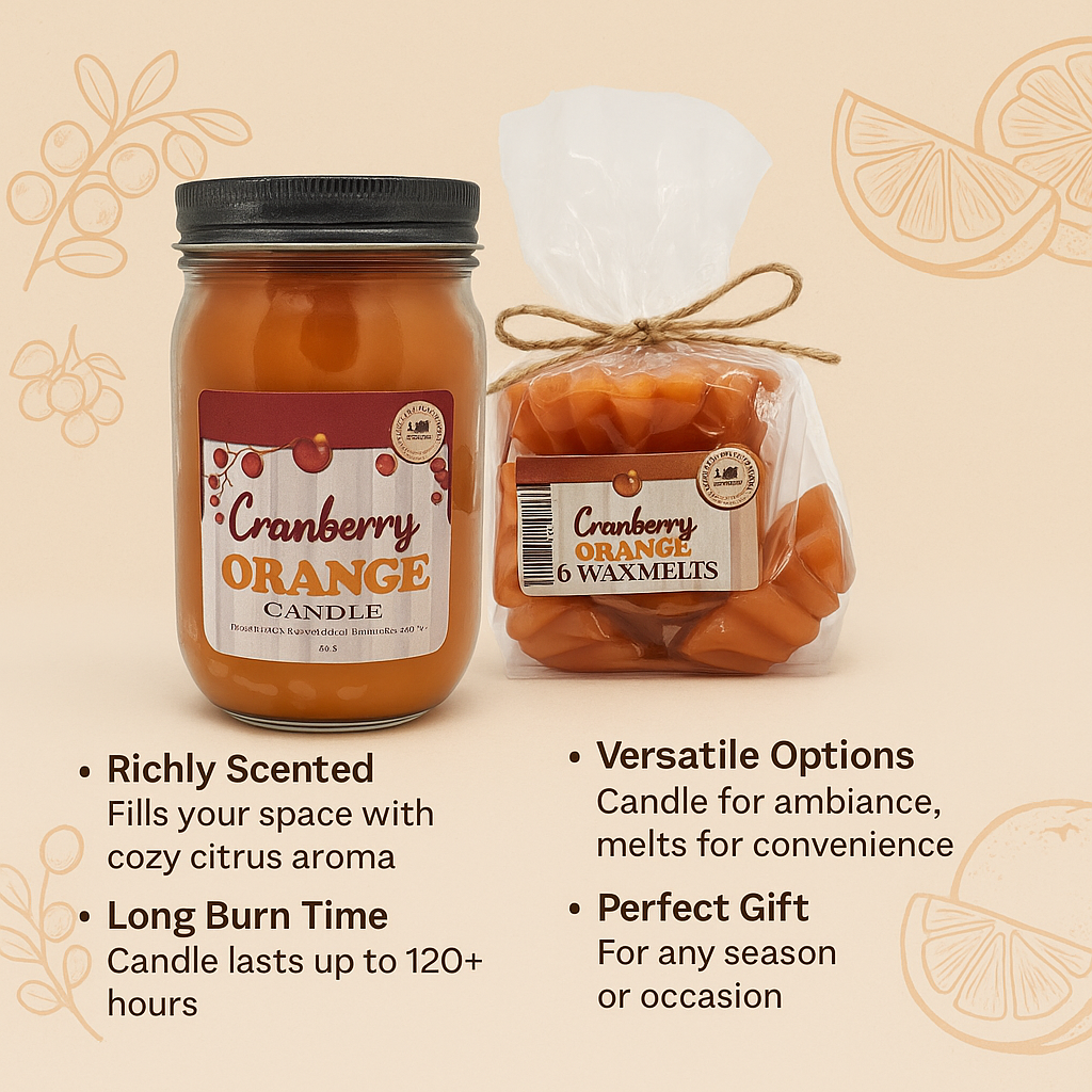 Cranberry Orange candle and wax melts set with product details