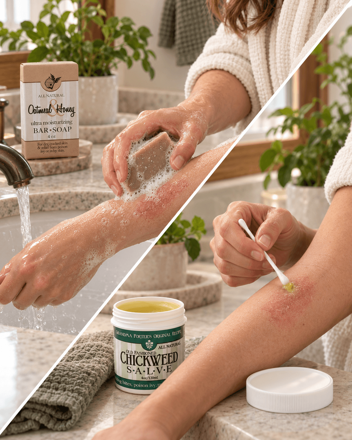 Washing with Oatmeal & Honey Bar soap and using Chickweed Salve for the itch and rash from poison ivy, made by Amish Country Soap Company