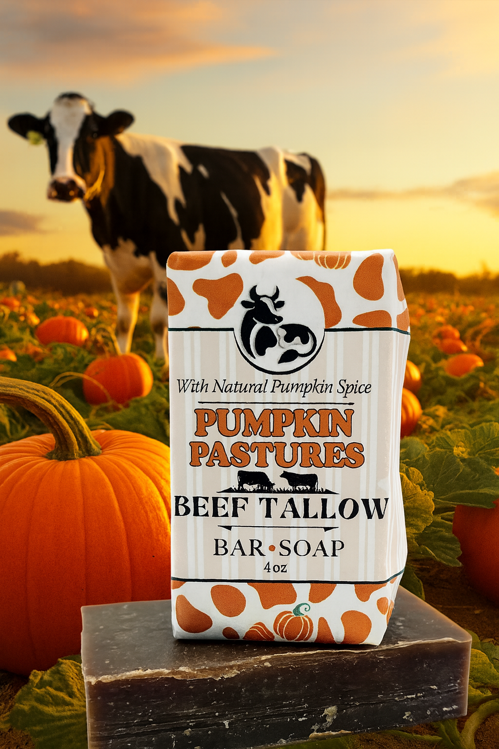 Pumpkin Pastures Beef Tallow bar soap in a field with pumpkins and a cow.