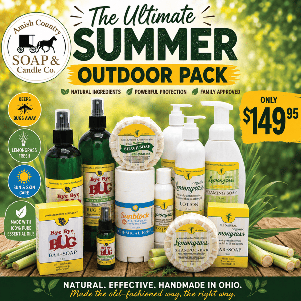 The best products for your summer outdoor enjoyment, bug free, all natural options from Amish Country Soap Company including our Bye Bye Bug Sprays, Sunblock, Lemongrass Lotions, Soap, Foaming Soap Shampoo Bar and also the Bye Bye Bug Soap.