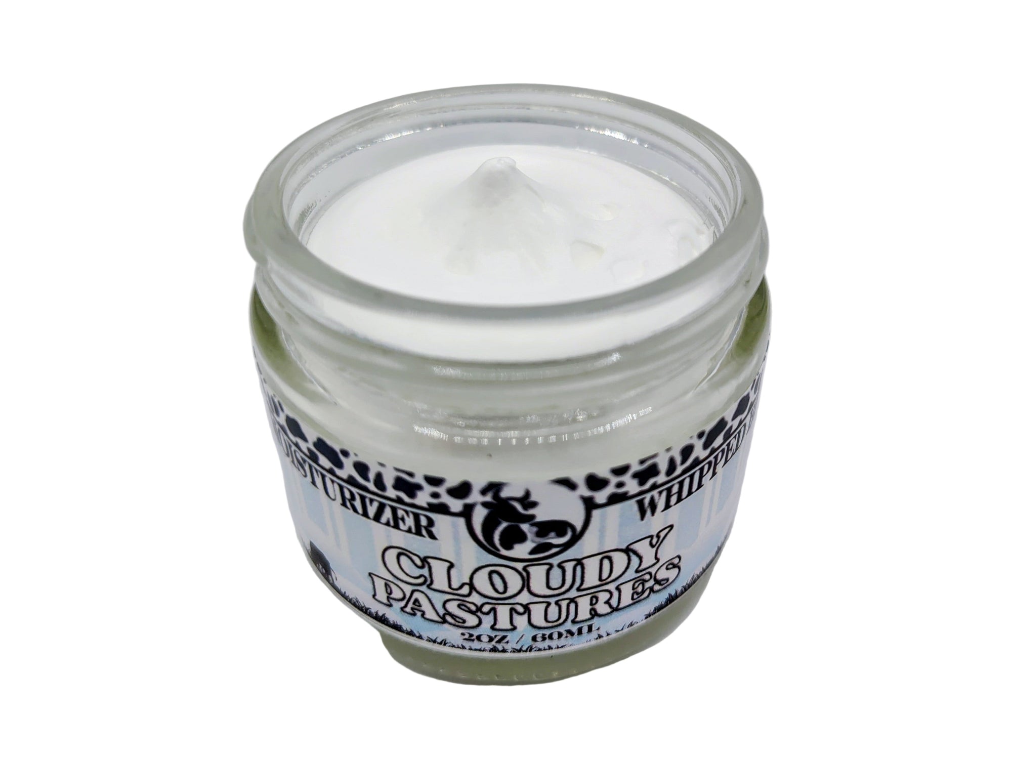 Jar of white cream with a label on a light gray background